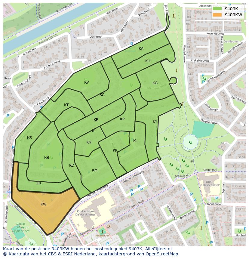Afbeelding van het postcodegebied 9403 KW op de kaart.
