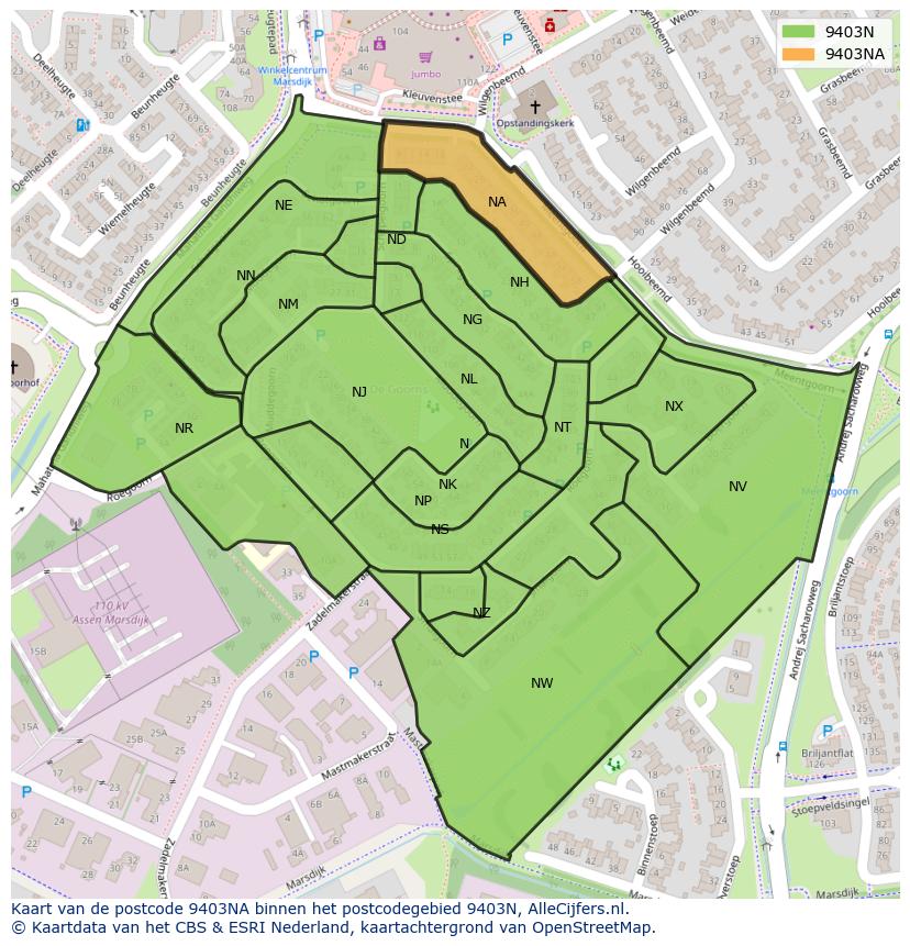 Afbeelding van het postcodegebied 9403 NA op de kaart.