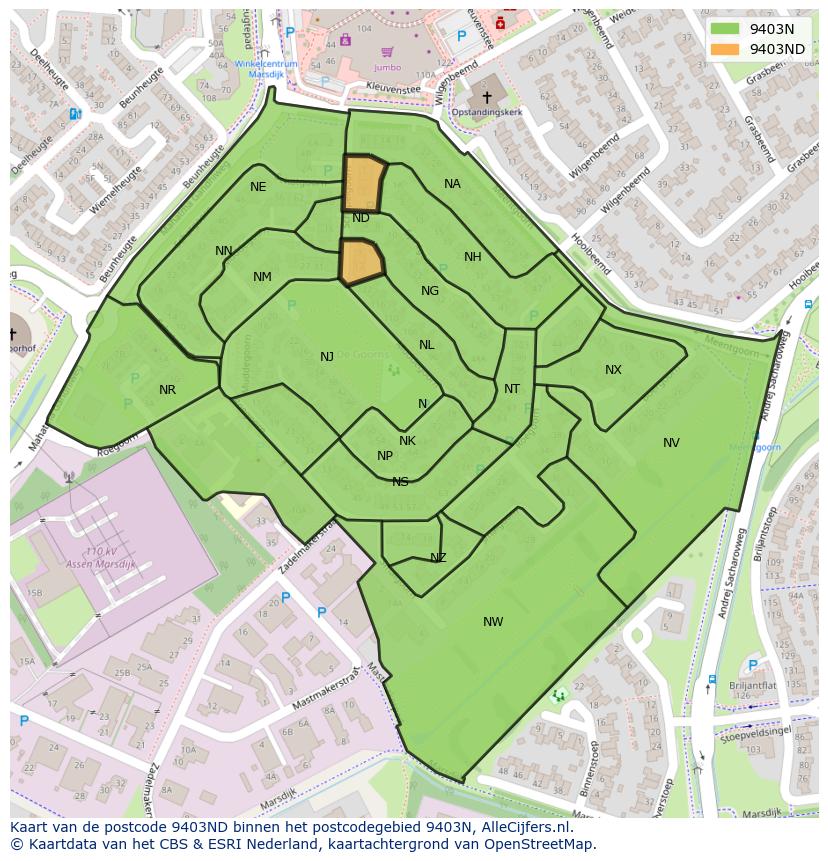 Afbeelding van het postcodegebied 9403 ND op de kaart.