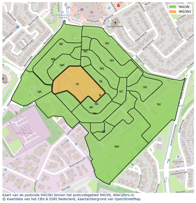 Afbeelding van het postcodegebied 9403 NJ op de kaart.