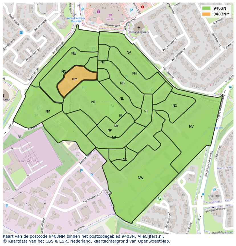 Afbeelding van het postcodegebied 9403 NM op de kaart.