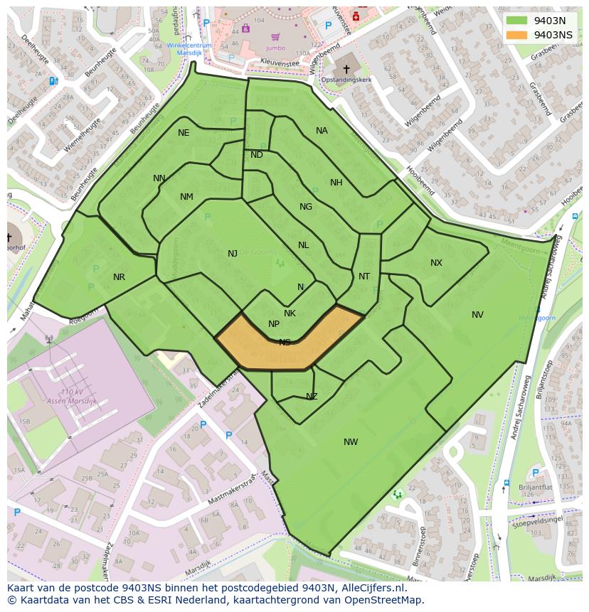 Afbeelding van het postcodegebied 9403 NS op de kaart.