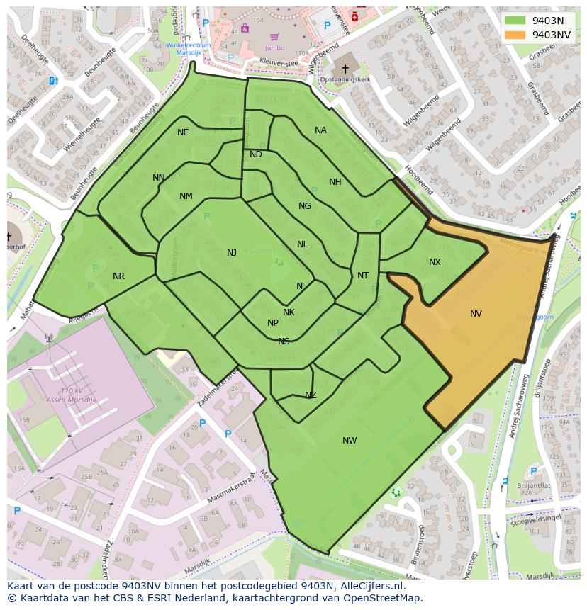 Afbeelding van het postcodegebied 9403 NV op de kaart.