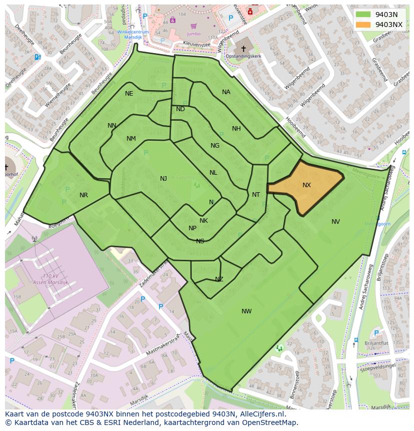 Afbeelding van het postcodegebied 9403 NX op de kaart.