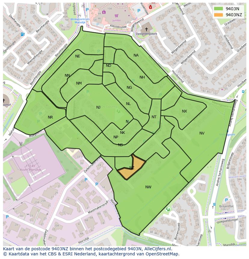 Afbeelding van het postcodegebied 9403 NZ op de kaart.
