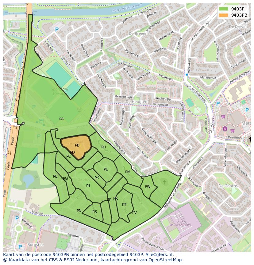 Afbeelding van het postcodegebied 9403 PB op de kaart.