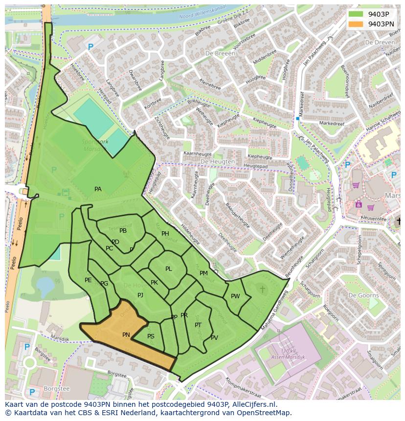 Afbeelding van het postcodegebied 9403 PN op de kaart.