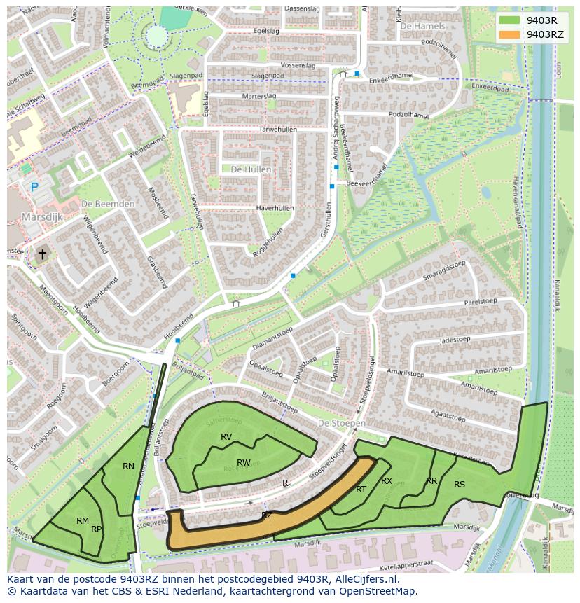 Afbeelding van het postcodegebied 9403 RZ op de kaart.