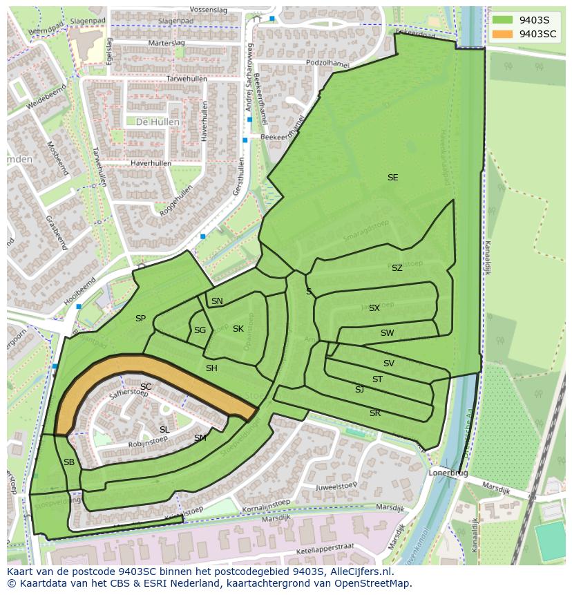 Afbeelding van het postcodegebied 9403 SC op de kaart.