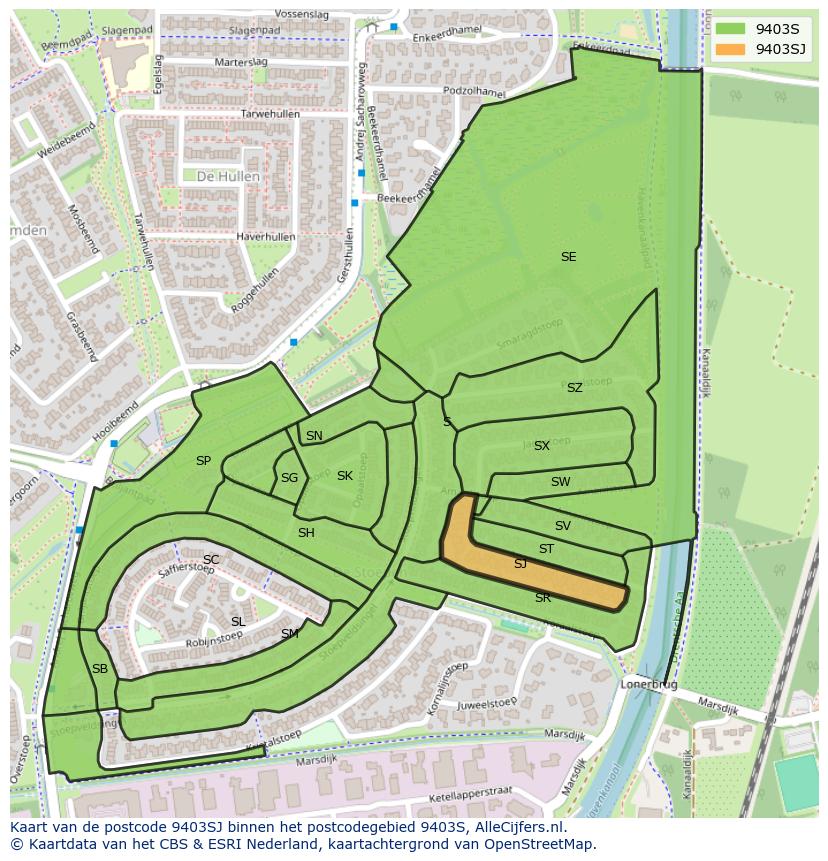 Afbeelding van het postcodegebied 9403 SJ op de kaart.