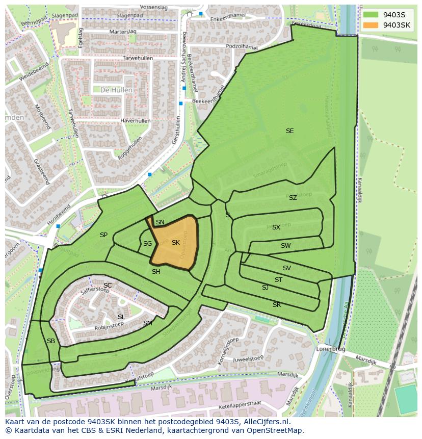 Afbeelding van het postcodegebied 9403 SK op de kaart.