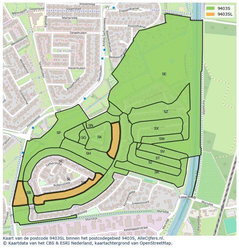 Afbeelding van het postcodegebied 9403 SL op de kaart.