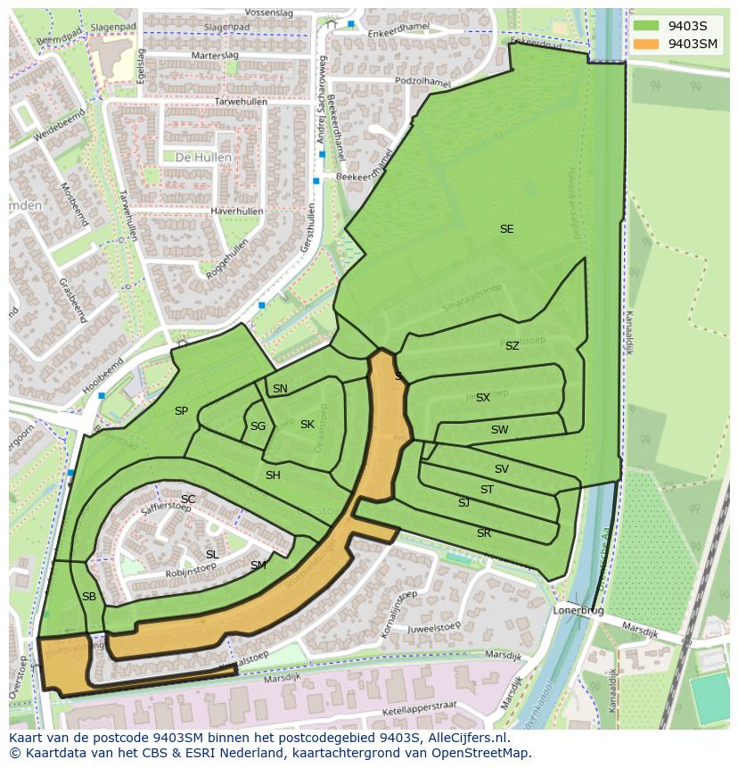 Afbeelding van het postcodegebied 9403 SM op de kaart.