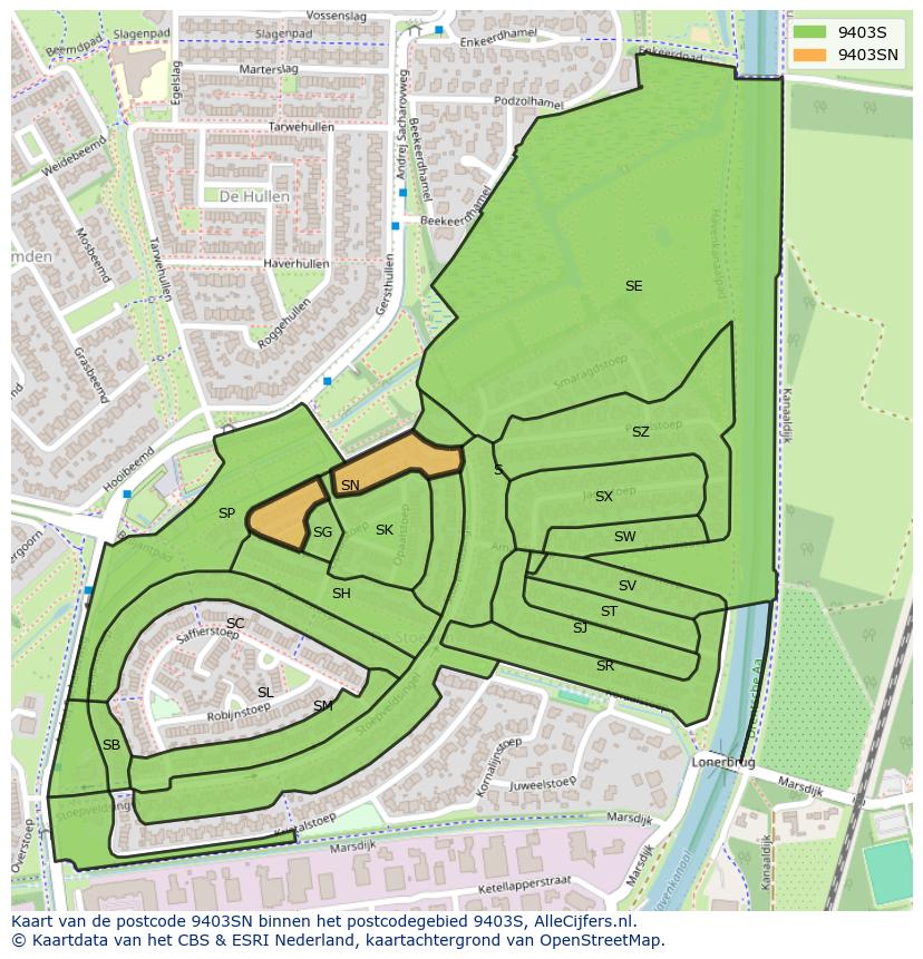 Afbeelding van het postcodegebied 9403 SN op de kaart.