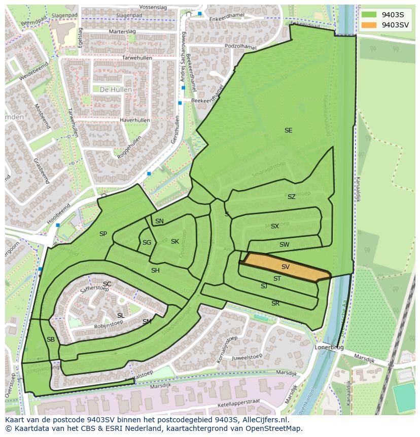 Afbeelding van het postcodegebied 9403 SV op de kaart.