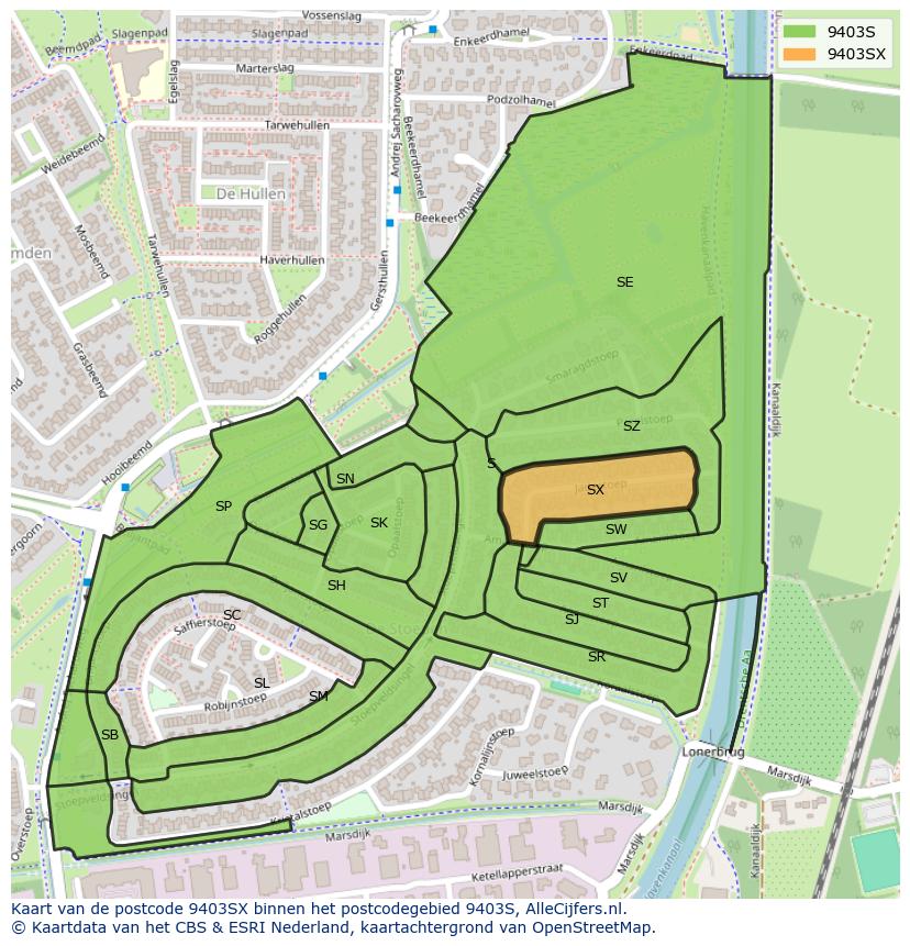 Afbeelding van het postcodegebied 9403 SX op de kaart.