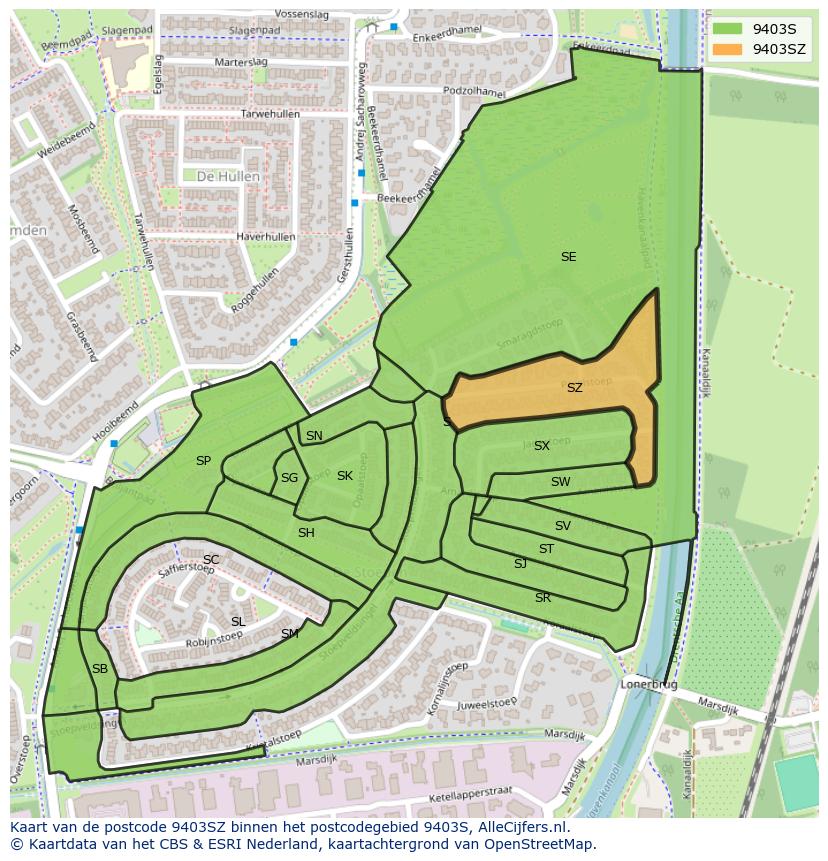 Afbeelding van het postcodegebied 9403 SZ op de kaart.