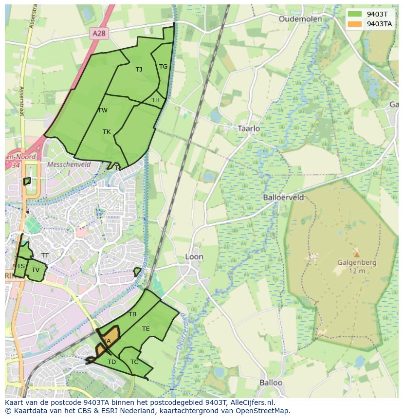Afbeelding van het postcodegebied 9403 TA op de kaart.