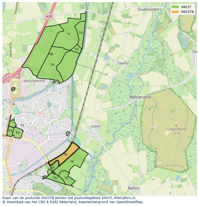 Afbeelding van het postcodegebied 9403 TB op de kaart.