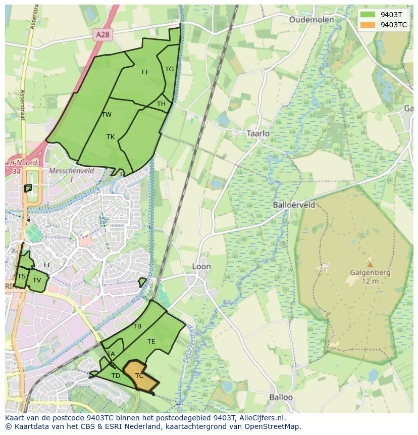 Afbeelding van het postcodegebied 9403 TC op de kaart.