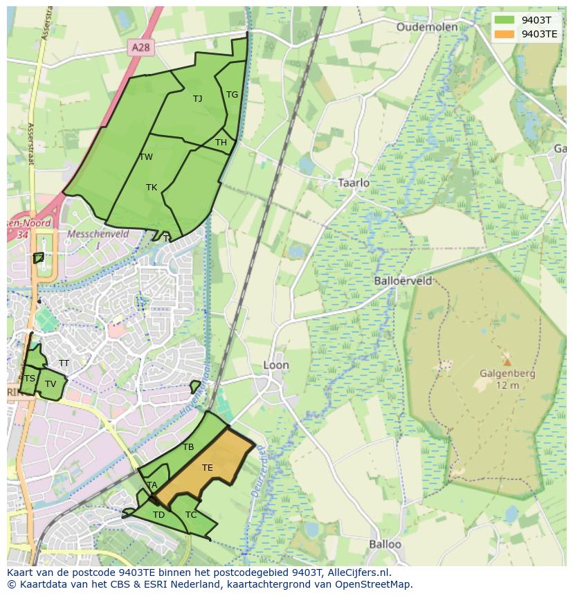Afbeelding van het postcodegebied 9403 TE op de kaart.