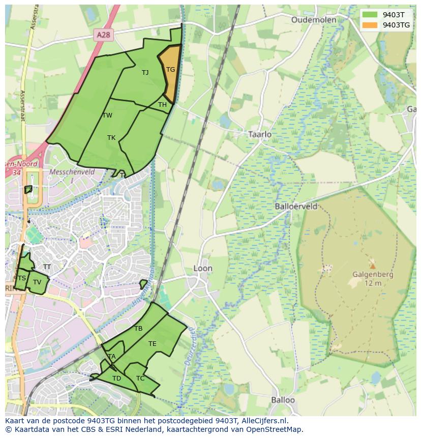 Afbeelding van het postcodegebied 9403 TG op de kaart.