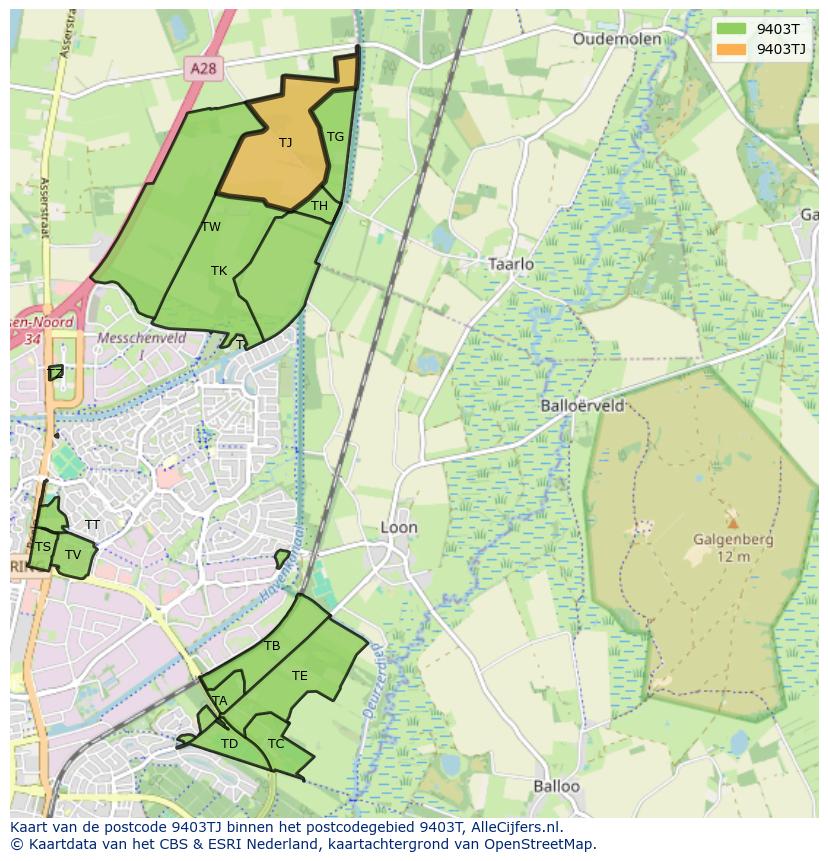 Afbeelding van het postcodegebied 9403 TJ op de kaart.