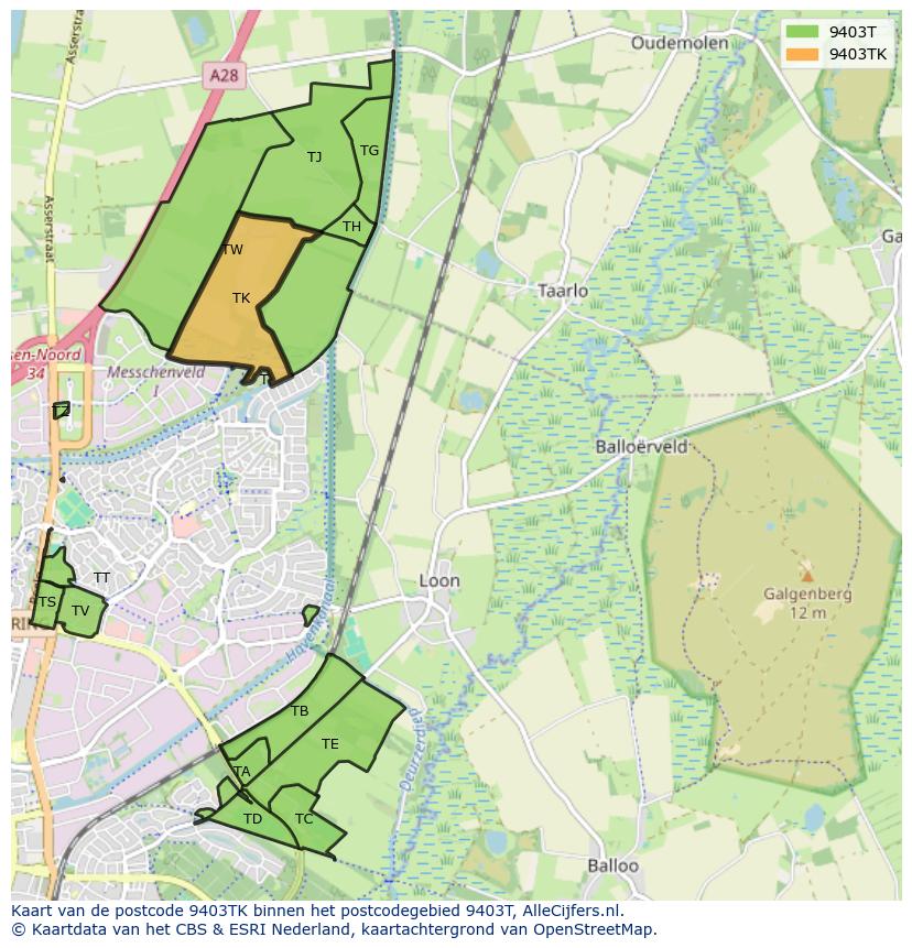Afbeelding van het postcodegebied 9403 TK op de kaart.