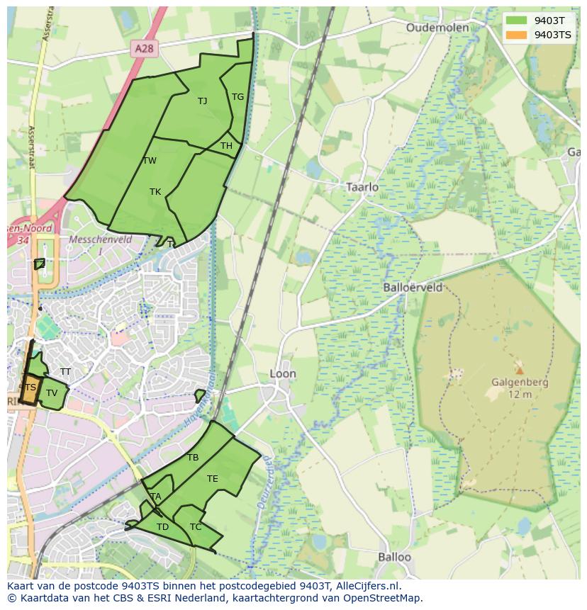 Afbeelding van het postcodegebied 9403 TS op de kaart.