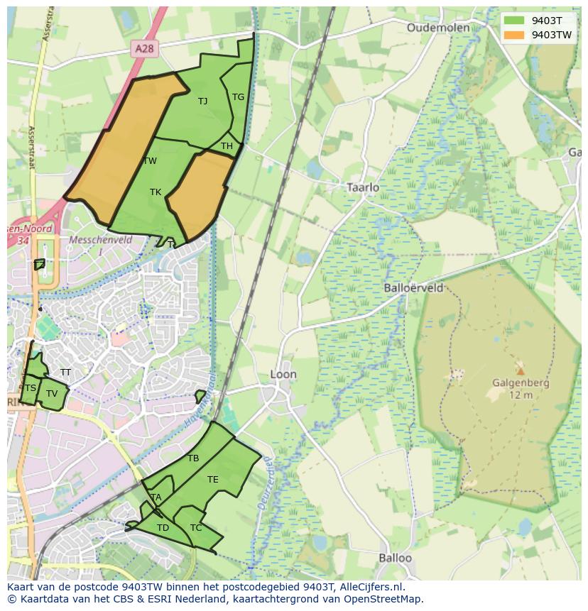 Afbeelding van het postcodegebied 9403 TW op de kaart.