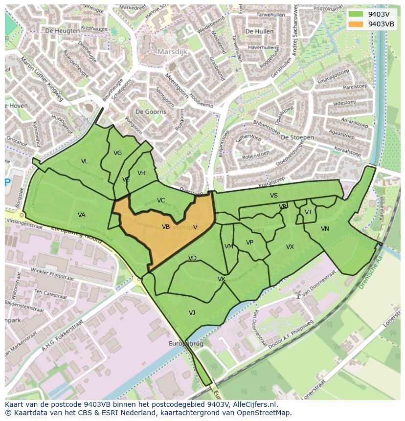 Afbeelding van het postcodegebied 9403 VB op de kaart.