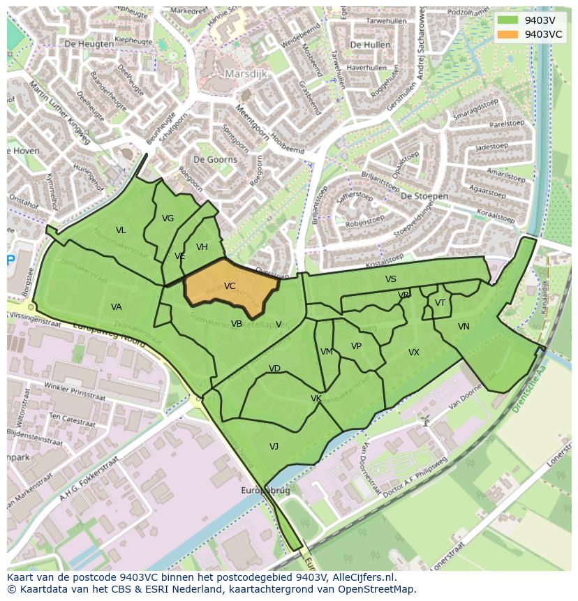 Afbeelding van het postcodegebied 9403 VC op de kaart.