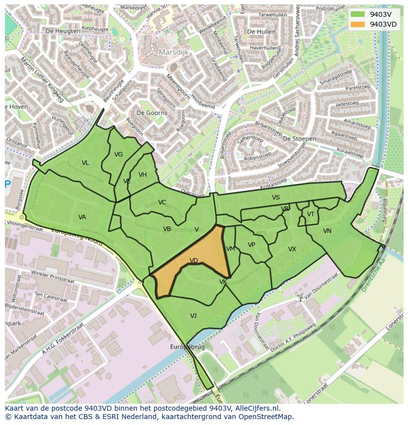 Afbeelding van het postcodegebied 9403 VD op de kaart.