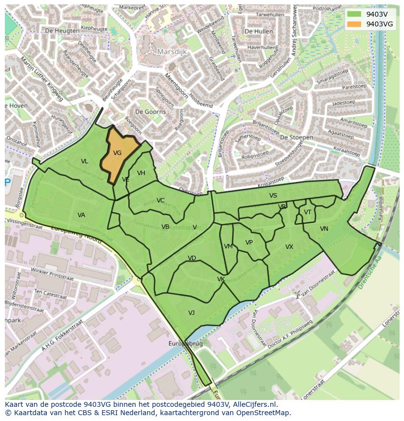 Afbeelding van het postcodegebied 9403 VG op de kaart.