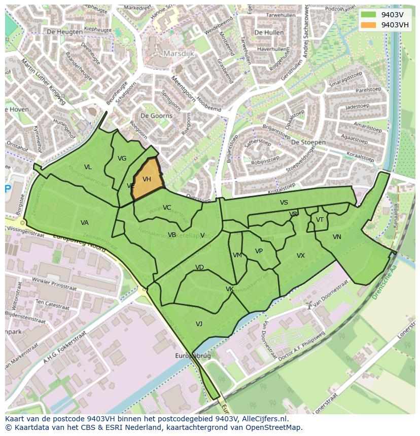 Afbeelding van het postcodegebied 9403 VH op de kaart.