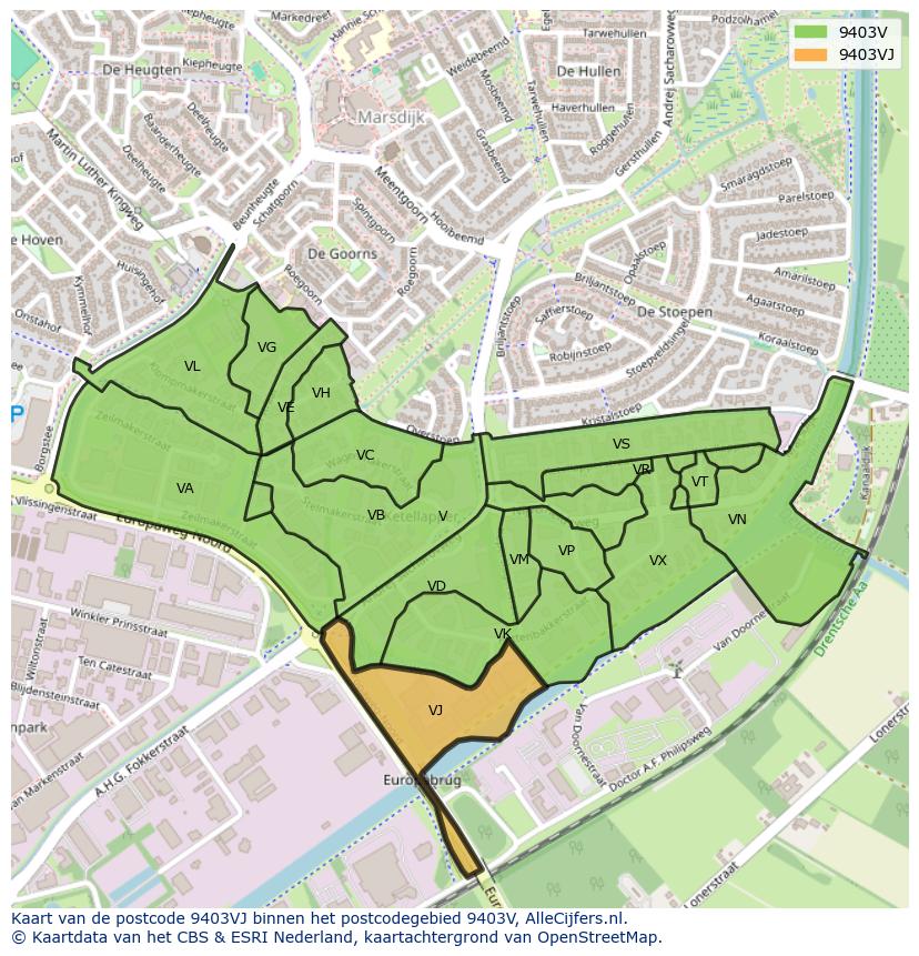 Afbeelding van het postcodegebied 9403 VJ op de kaart.