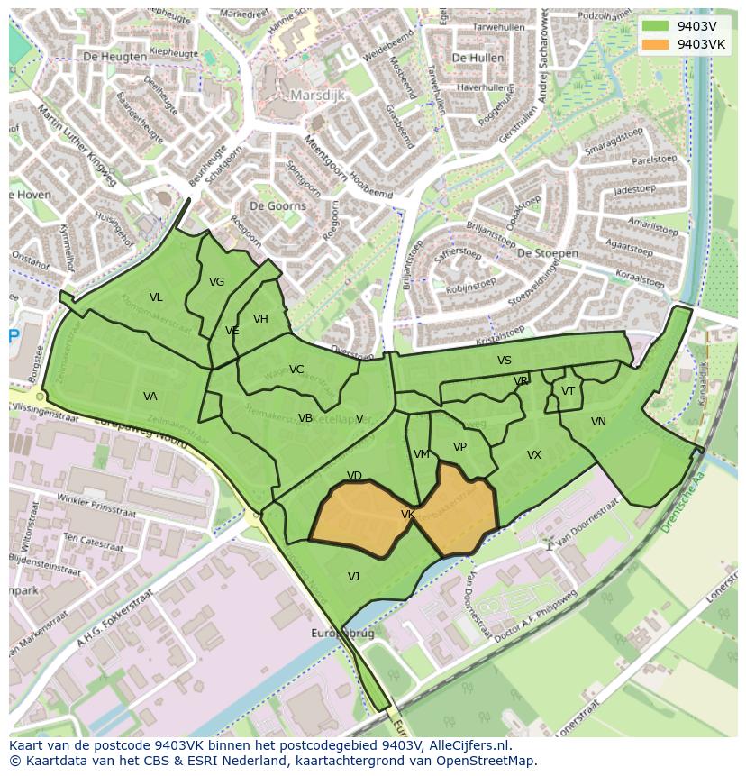 Afbeelding van het postcodegebied 9403 VK op de kaart.