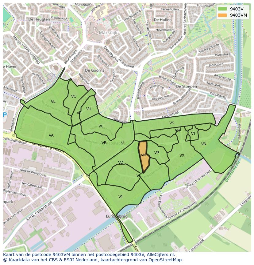 Afbeelding van het postcodegebied 9403 VM op de kaart.