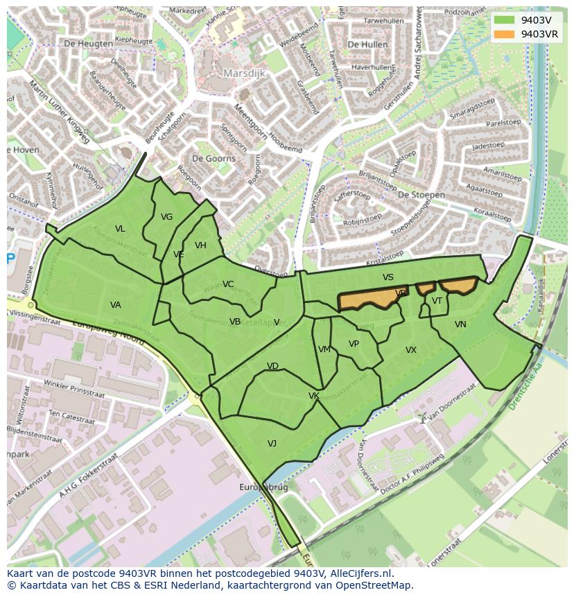 Afbeelding van het postcodegebied 9403 VR op de kaart.