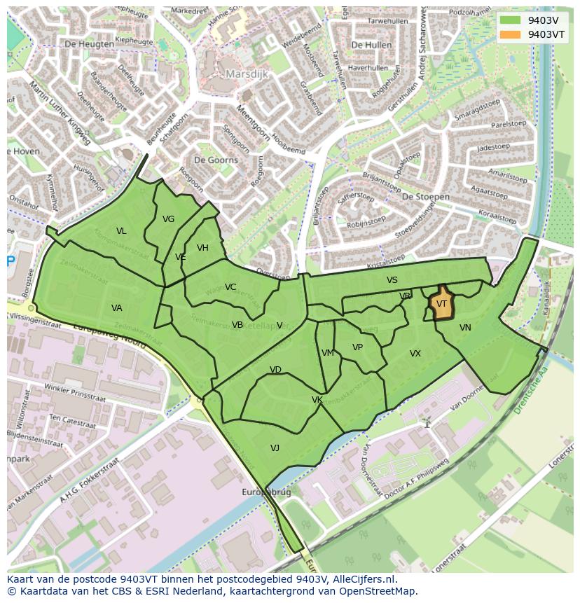 Afbeelding van het postcodegebied 9403 VT op de kaart.