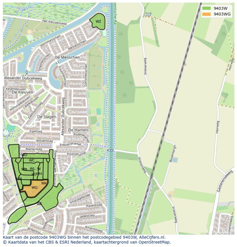 Afbeelding van het postcodegebied 9403 WG op de kaart.