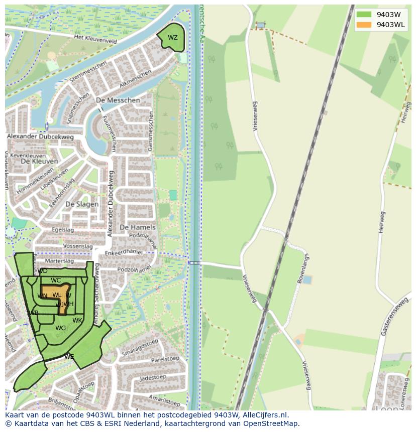 Afbeelding van het postcodegebied 9403 WL op de kaart.