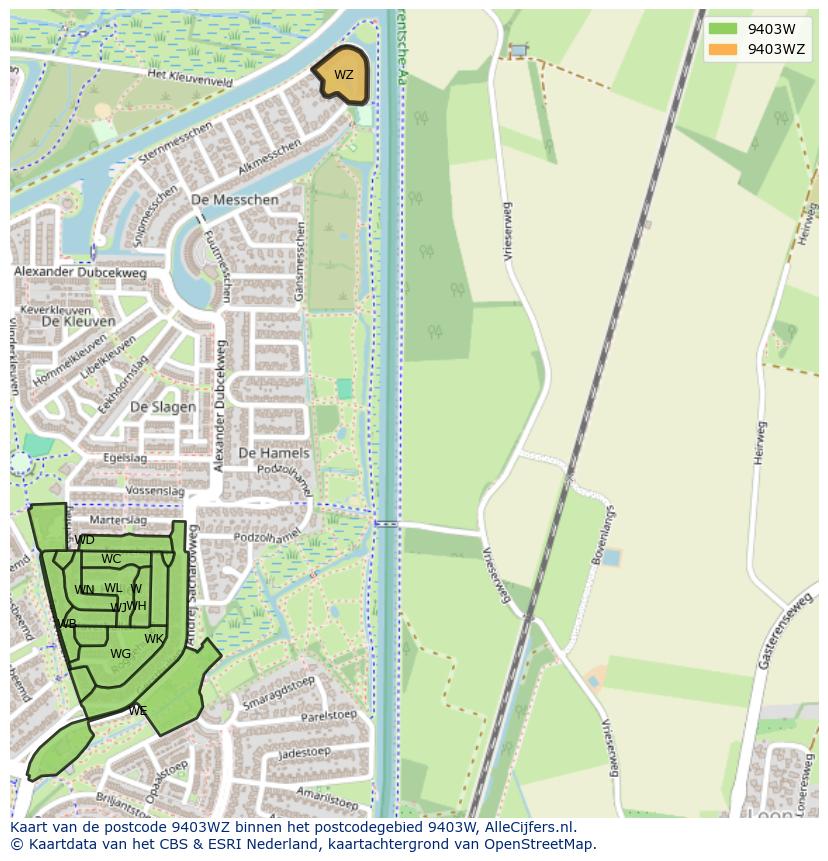 Afbeelding van het postcodegebied 9403 WZ op de kaart.