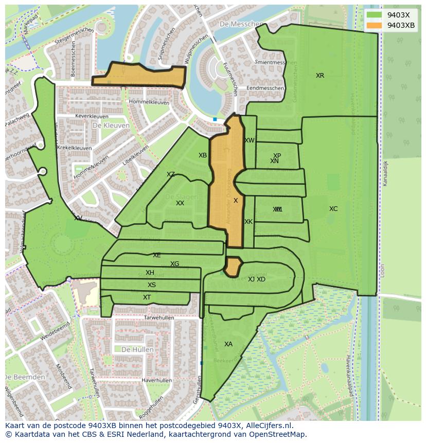 Afbeelding van het postcodegebied 9403 XB op de kaart.