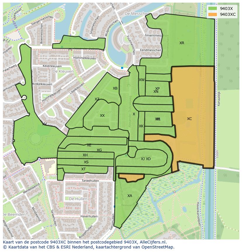 Afbeelding van het postcodegebied 9403 XC op de kaart.