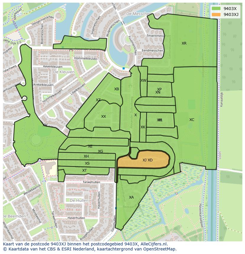 Afbeelding van het postcodegebied 9403 XJ op de kaart.