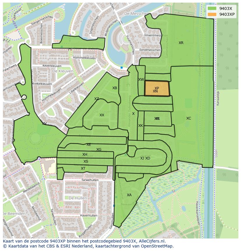 Afbeelding van het postcodegebied 9403 XP op de kaart.