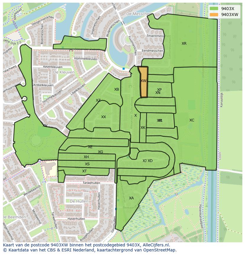 Afbeelding van het postcodegebied 9403 XW op de kaart.