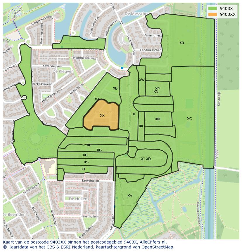 Afbeelding van het postcodegebied 9403 XX op de kaart.