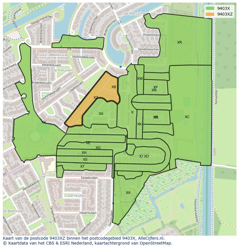 Afbeelding van het postcodegebied 9403 XZ op de kaart.